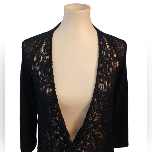 D Exterior Crocheted Knit Cardigan Navy Blue Draped Italian Cardigan Sweater - Picture 3 of 10
